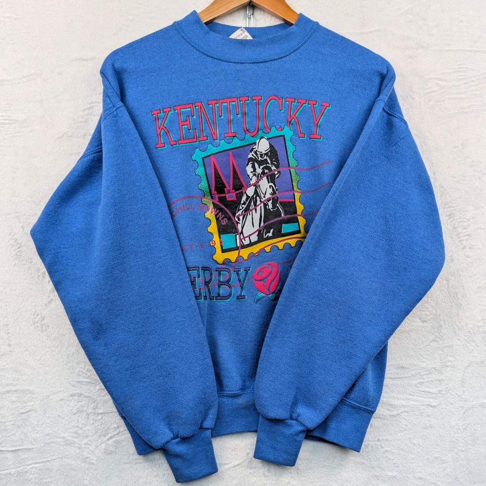 VTG Sweatshirt Mens Large Blue Kentucky Derby 121 Sporty 1995 Boxy USA Stamp 90s